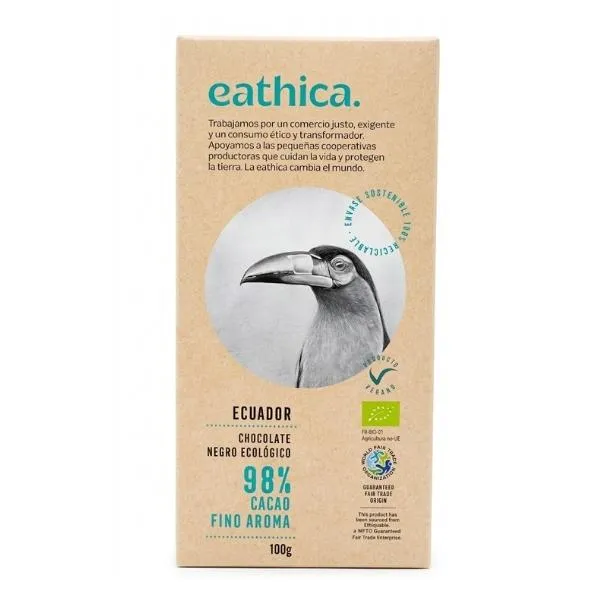 Chocolate Negro Ecuador Ecológico 98% Cacao Fino Aroma 100 G. - Eathica