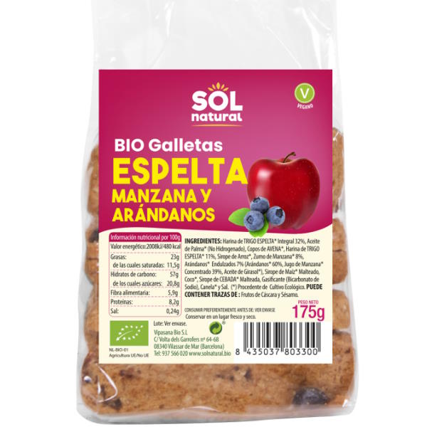 Galletas Espelta Manzana Arándano Bio 175 G. - Sol Natural