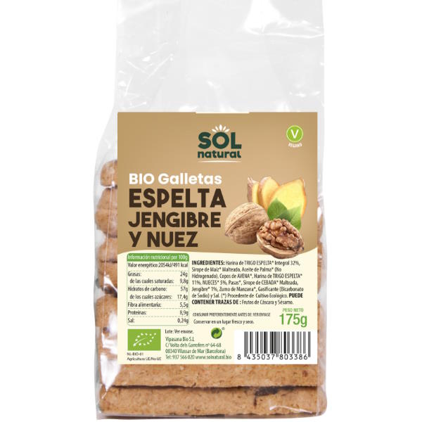 Galletas Espelta Jengibre Y Nueces Bio 175 G. - Sol Natural