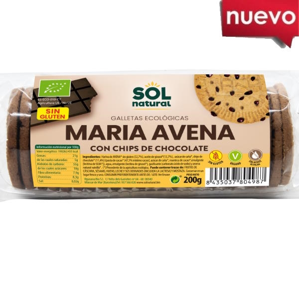 Galletas Avena María Sin Gluten Chips Choco Bio 200 G. - Sol Natural